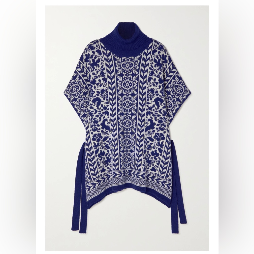 La Double J Jacquard-Knit Turtleneck Poncho - Size Medium Blue